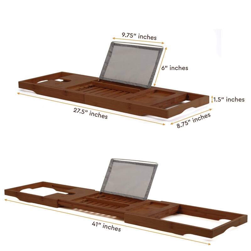 Bambusi Bathtub Caddy Tray with Extending Sides, Reading Stand, Wine Holder and Cellphone Tray