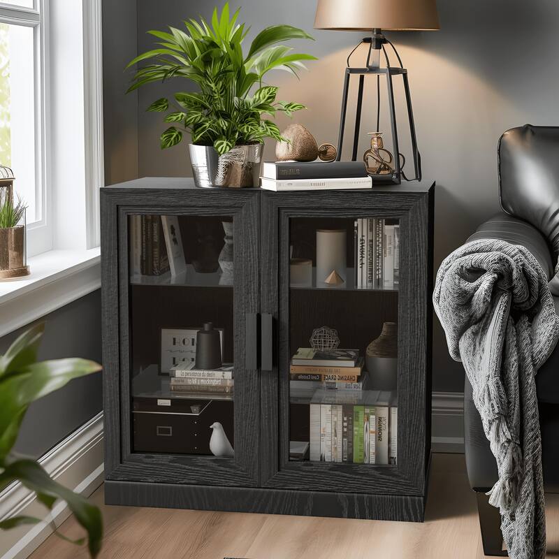 Solid Wood Storage Cabinet with two Glass Doors 31"