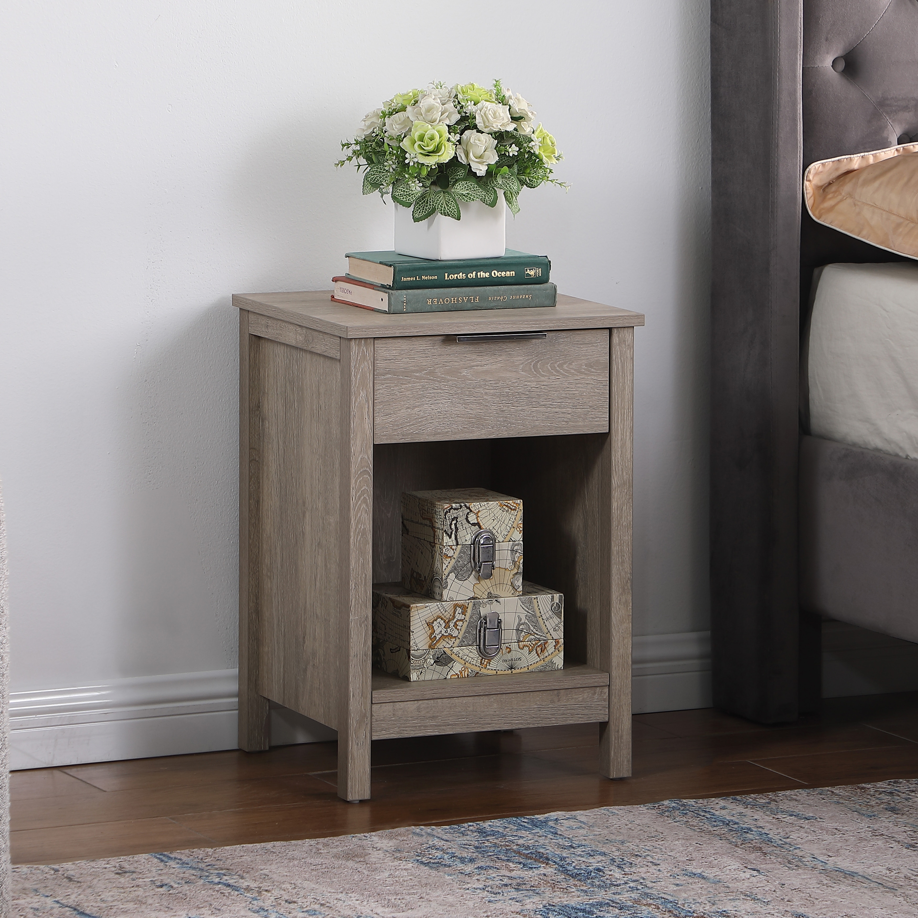 Gray Nightstand File Cabinet Lamp Cabinet Corner Table with Drawer, End Table Side Table with Open Shelf