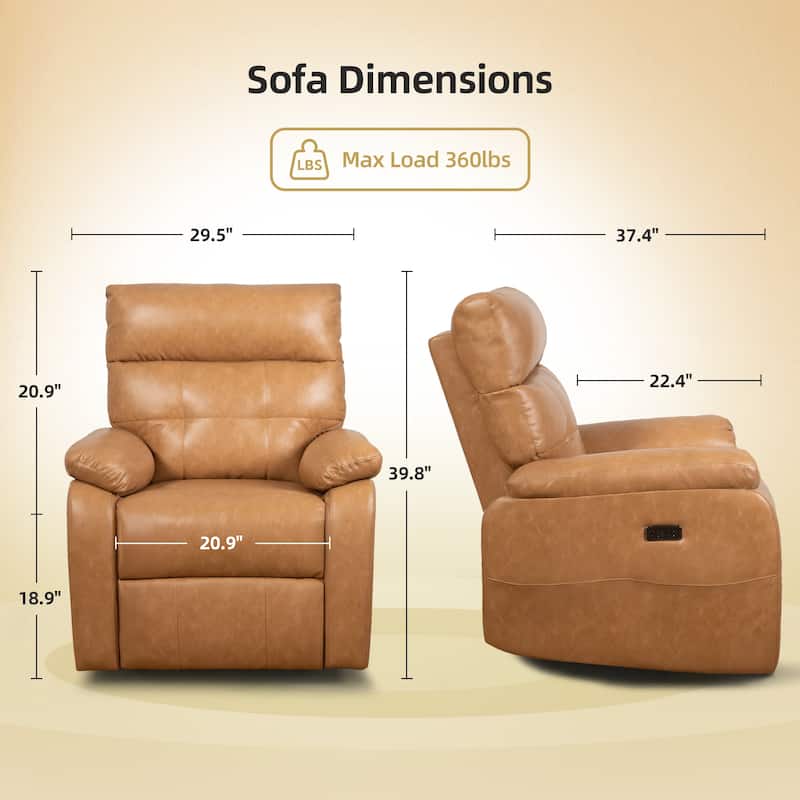 360° Swivel Recliner Chair Power Rocker Recliner Chair, PU Leather Overstuffed Reclining Chair wUSB & Type-C Ports