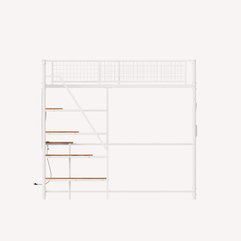 Twin Size Loft Bed with Built-in Charging Station & LED Lighting, Heavy-Duty Metal Loft Bed Frame with Desk & Safety Guardrails