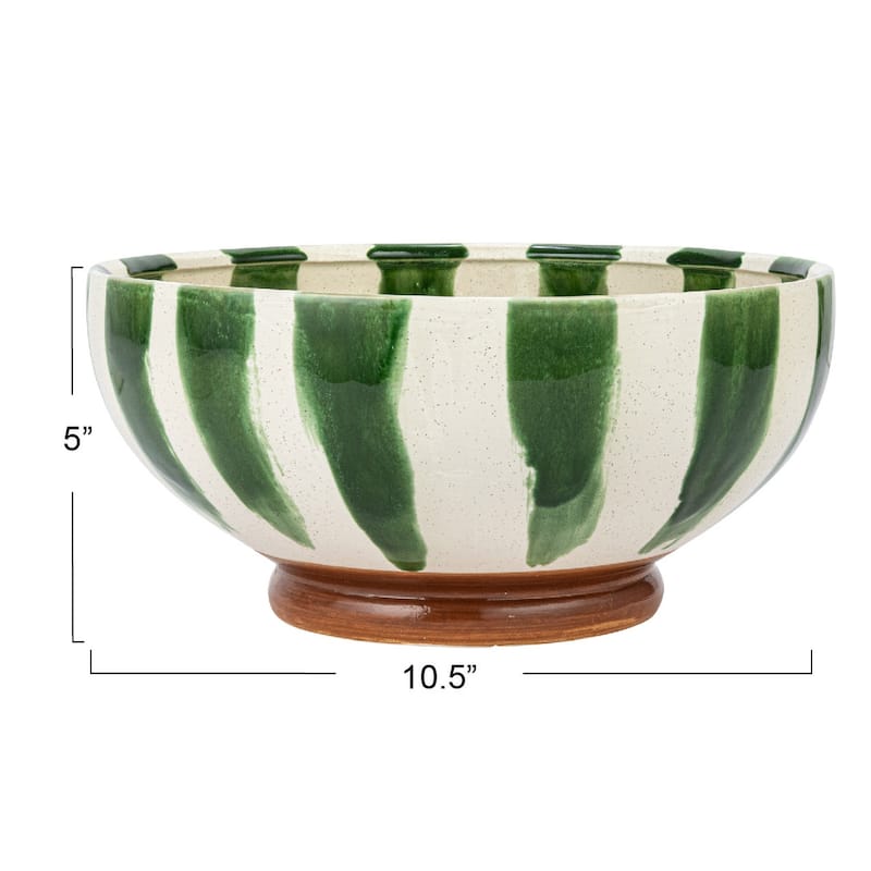 Hand-Painted Stoneware Footed Bowl with Stripes - 10.4"L x 10.4"W x 4.9"H - 10.4"L x 10.4"W x 4.9"H