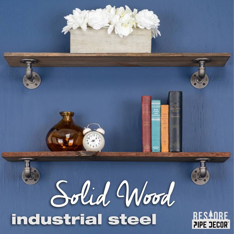 PIPE DECOR Live Edge Reclaimed Wood Shelf with Industrial Pipe Brackets, Set of 2