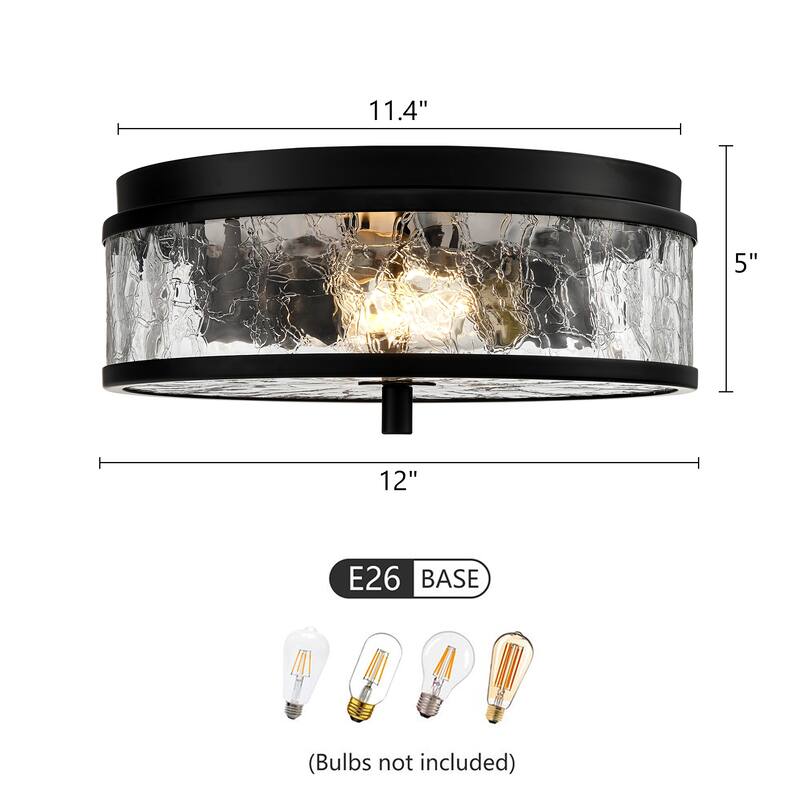 2-Light Farmhouse Drum Flush Mount Ceiling Light with Glass Shade - 12 inch