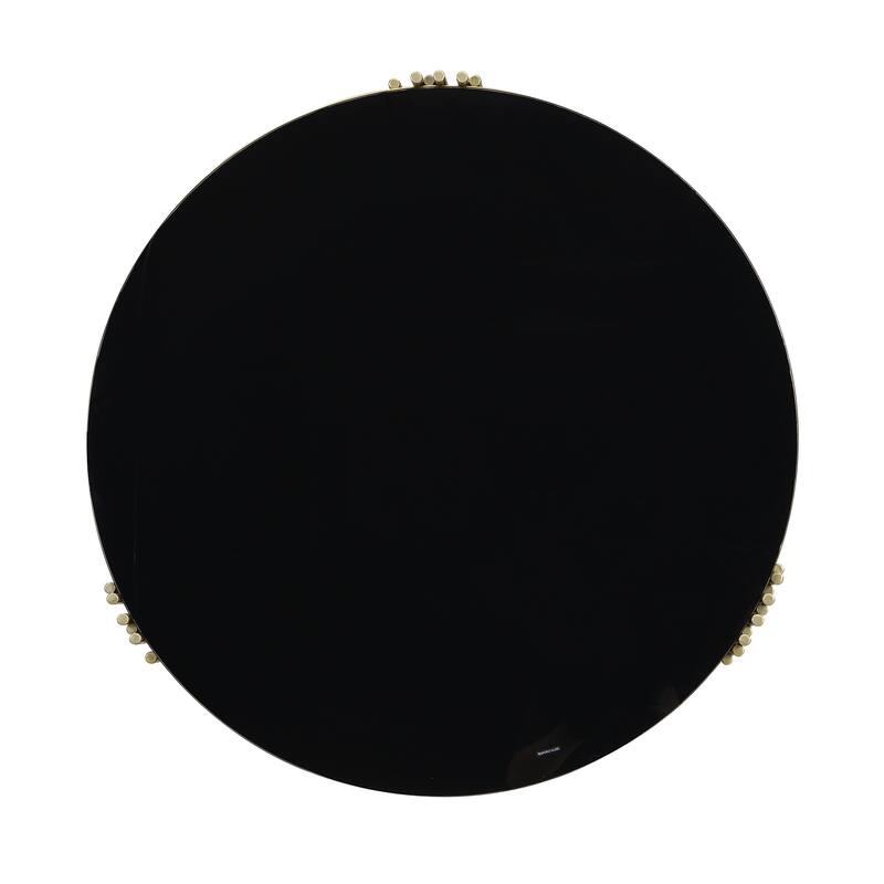 Modern Black Mirror Coffee Table, Asymmetrical Metal, Circular Metal Drum Base, Gold Finish & Lower Shelf