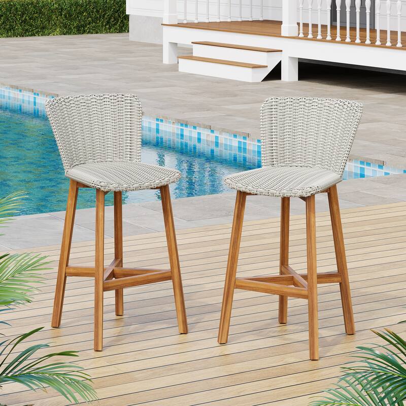 Roomfitters Lymington Outdoor Acacia Wood Barstools with Wicker Seat, Teak Finish and Light Brown Set of 2