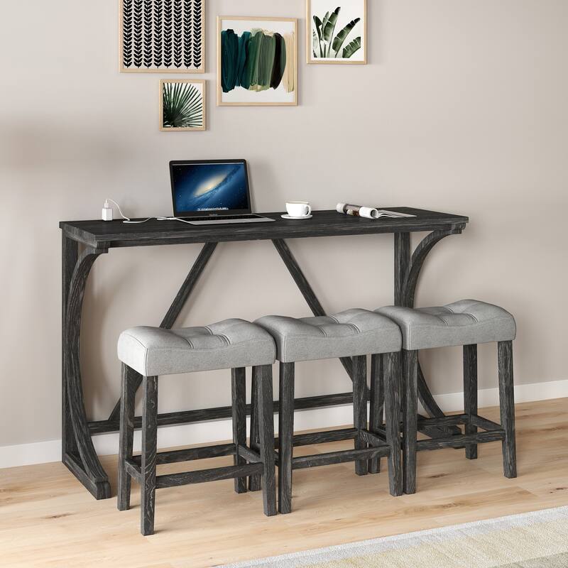4-Piece Dining Set with Bar Table and 3 Ergonomic Stools, Bar Table Set with Power Outlet for Dining Room