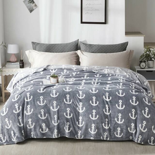 Fleece Plush Blanket King Size Grey Anchor