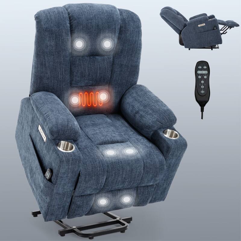 Roomfitters Oversized Power Lift Recliner, Massage Chair with USB A & C Ports and Dual Steel Cup Holders, Blue