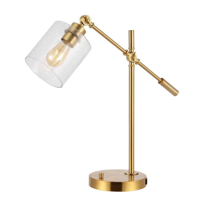 Jason Classic 23" Iron/Seeded Glass Adjustable Head Modern USB Charging LED Task Lamp, Brass Gold by JONATHAN Y - 1 Bulb - 1 Bulb - Brass Gold