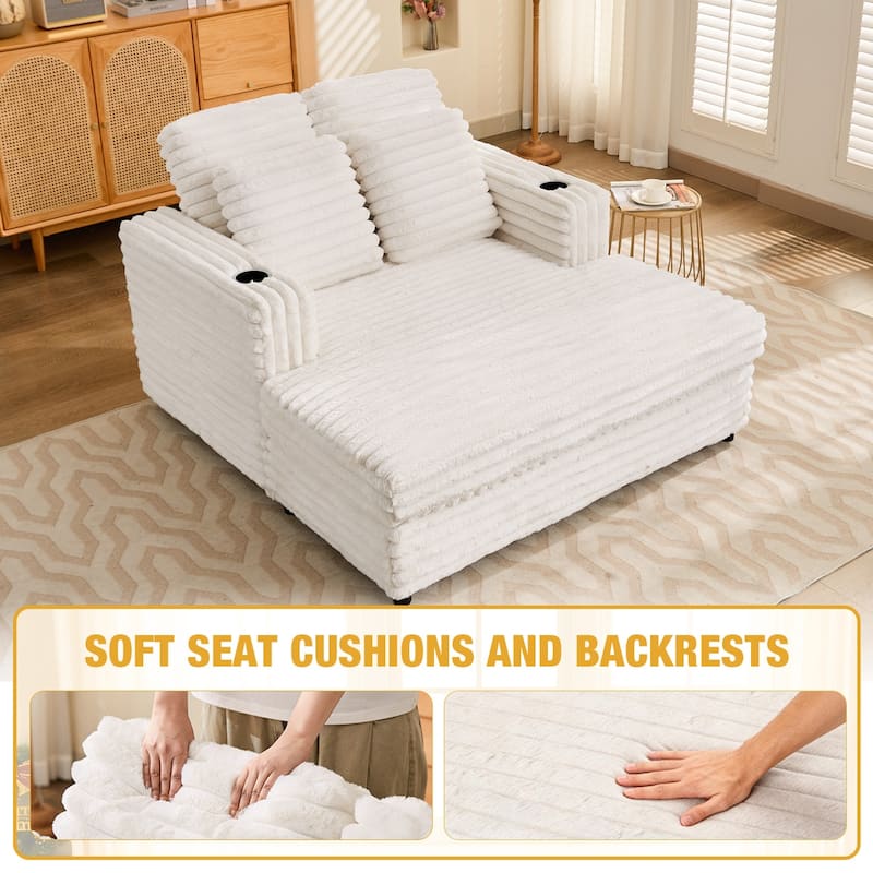 64" Oversized Chaise Lounge Chair Sofa Bed, Corduroy Upholstered Sleeper Chair with Wood Frame, Storage Pockets, Cup Holders