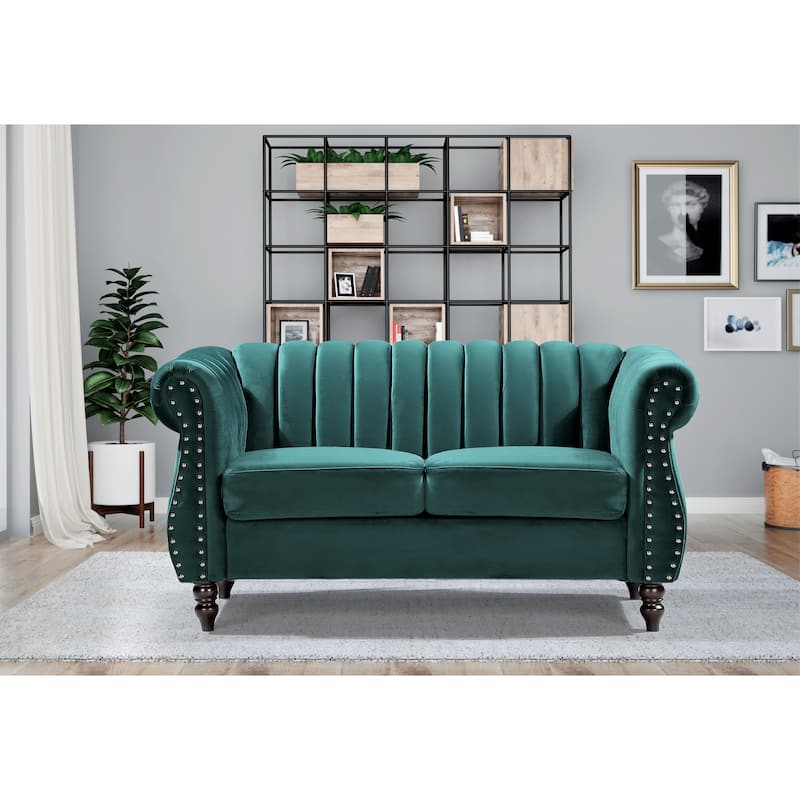 Charlot Velvet Chesterfield Rolled Arm Loveseat - Green