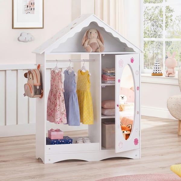 slide 2 of 12, Gymax Kids Dress Up Storage w/ Mirror Roofed Wardrobe Closet w/ Open