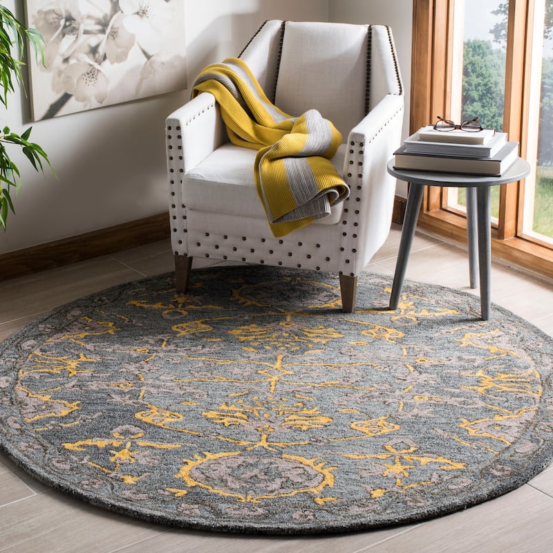 SAFAVIEH Handmade Bella Riobna Modern Floral Wool Rug - 5' Round - Blue Grey/Gold