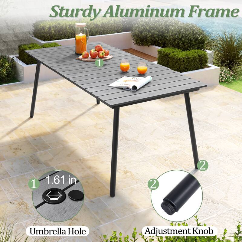 7/9-Piece Outdoor Rectangle Aluminum Dining Table with Umbrella Hole include Folding Chairs