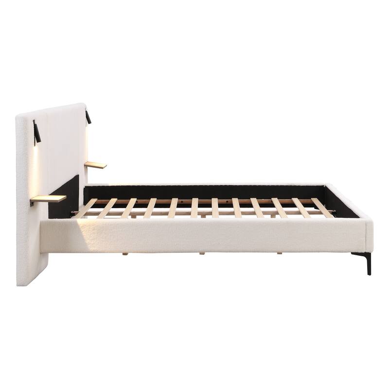 Platform Bed Frame with Integrated Lights, Upholstered Bed Frame with Headboard, Wood Slat Support, No Box Spring Needed