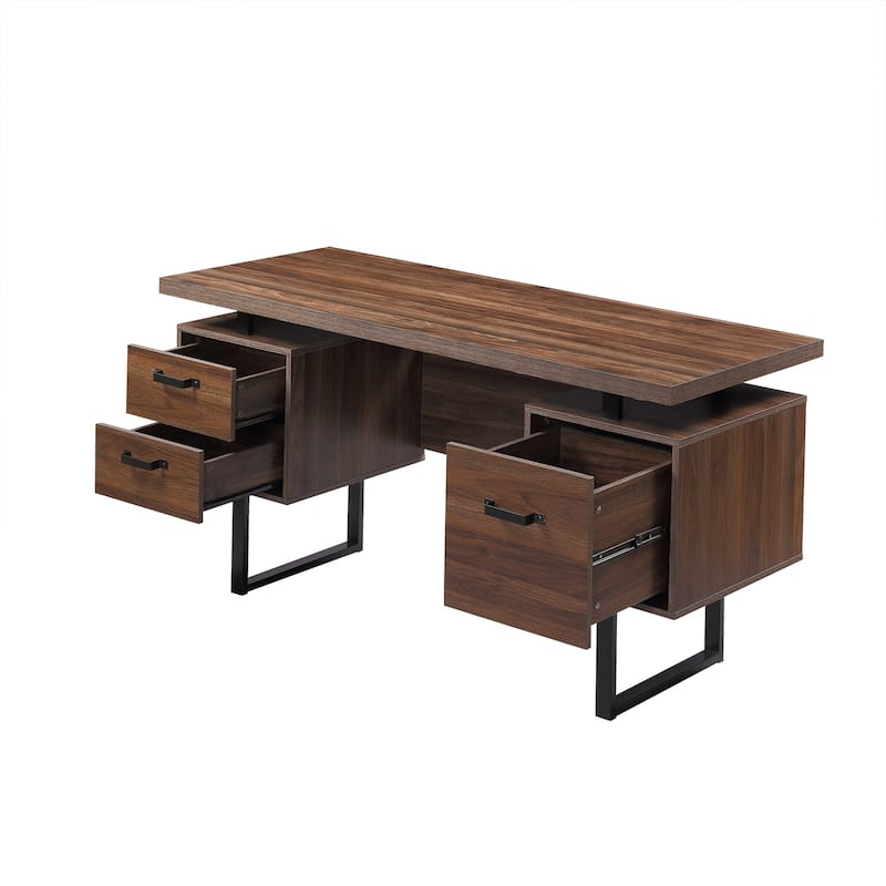 Roomfitters Home Office Desk with Drawers, 59" Writing Table with Hanging File Storage, Study Workstation, Walnut