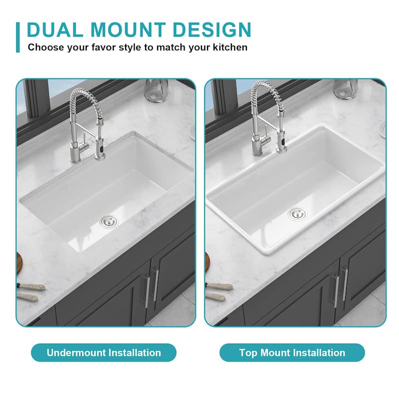33 Inch Undermount Single Bowl Ceramic Kitchen Sink in White - 33'' x 19'' x 10''
