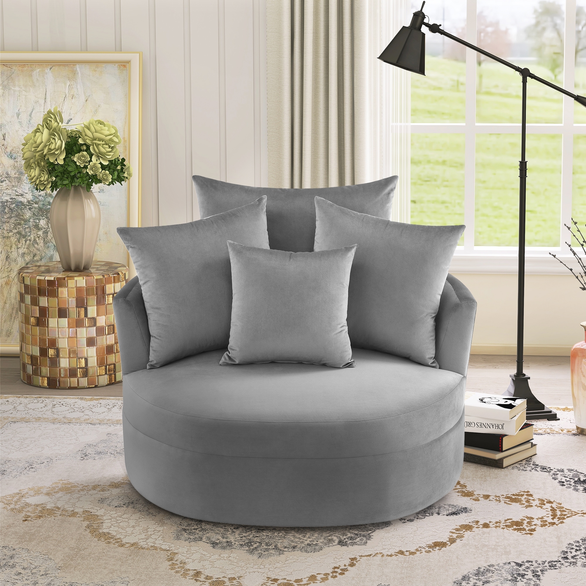 360° Swivel Barrel Chair with 4 Movable Pillows, Modern Velvet Leisure Chair Round Accent for Living Room