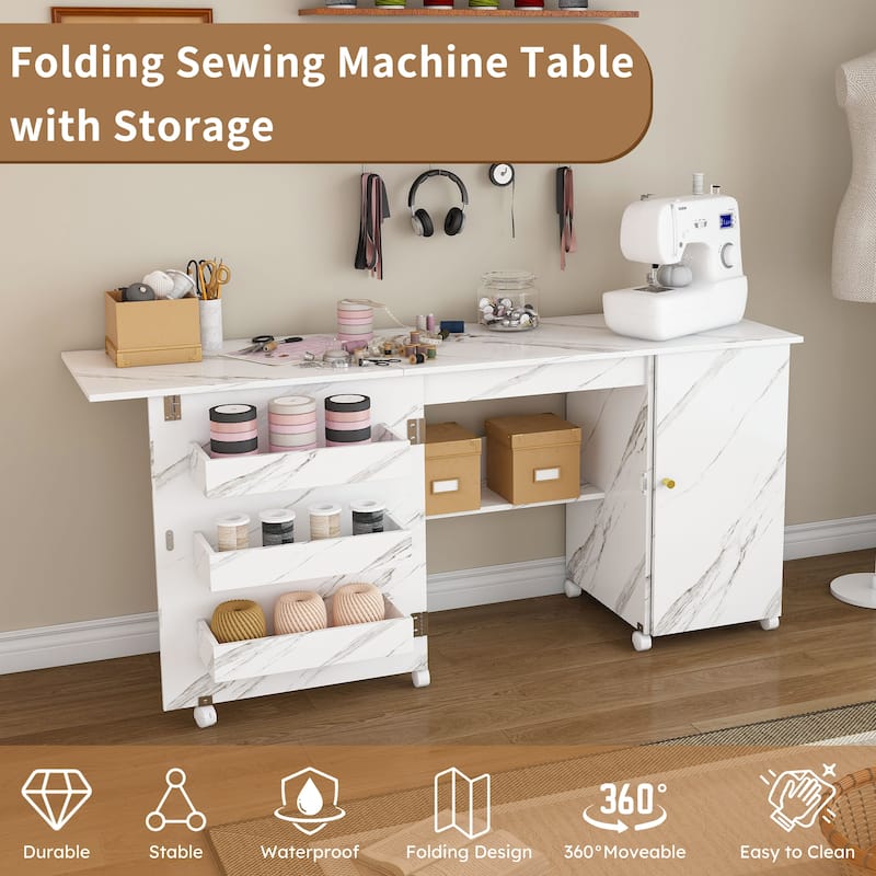 Foldable Sewing Table with Storage, 57.5" Craft Station with Locking Casters, Adjustable Cabinet & Shelves