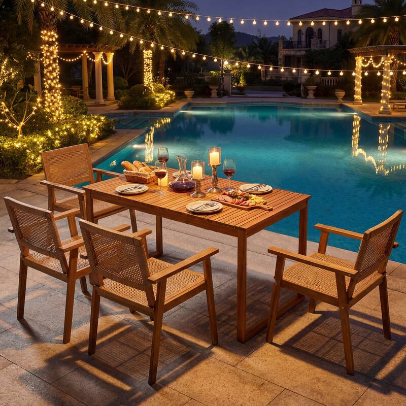 Gymax 5PCS Acacia Wood Dining Set Outdoor Table & Rattan Chairs for