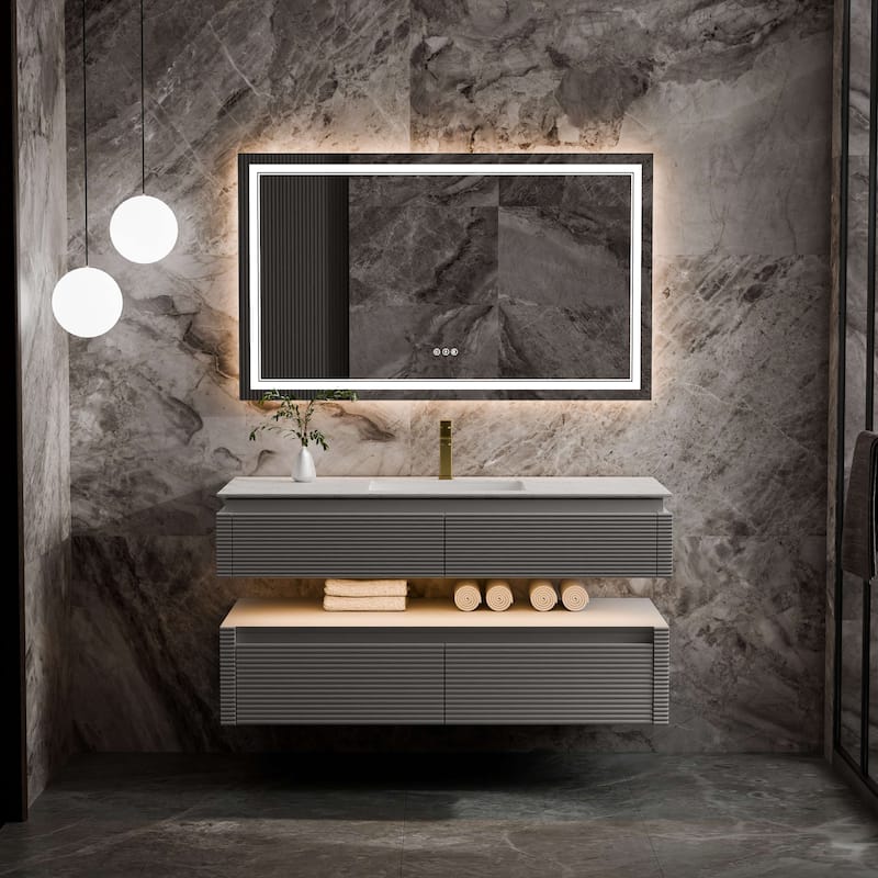 Modland 48" Modern Wall-Mounted Single Sink Bathroom Vanity with Engineered Stone Countertop,Soft-Close Drawers