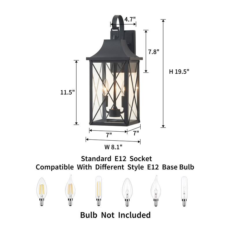 KAWOTI 2-Light Black Lantern Outdoor Sconce with Clear Glass Shade - W8.125" * H19.5" * E9"