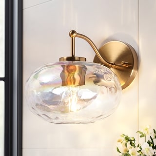 Modern Glam 1-Light Gold Wall Sconce Textured Glass Bathroom Vanity Light - D 8" x H 5.5"