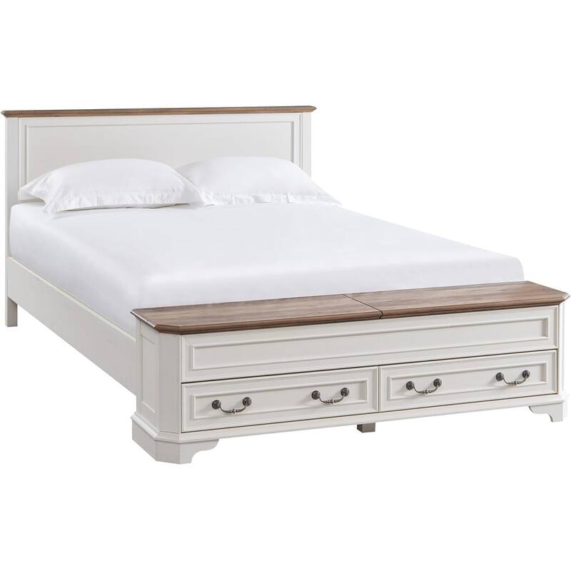 Farmhouse Bed Frame w/ Headboard & Storage Bench, Wood Platform Bed