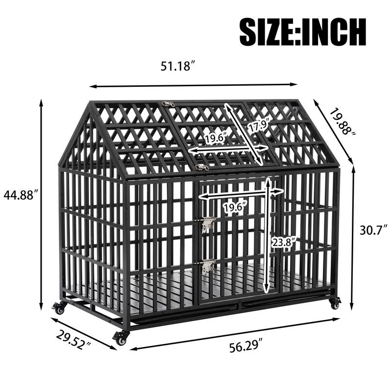 52" Crate Large Dog Cage with 4 Lockable Wheels and Removable Bottom Tray, Metal Dog Crate with Top Opening