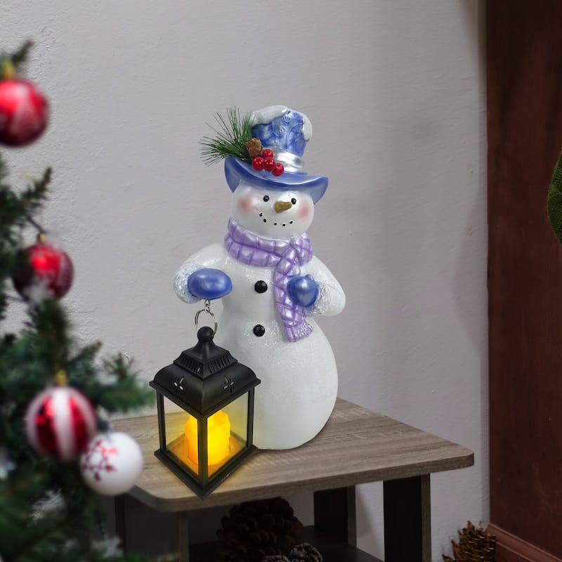 Lavender Winter Snowman Holding Lantern Statue w/Flash LED-SM - 14" H