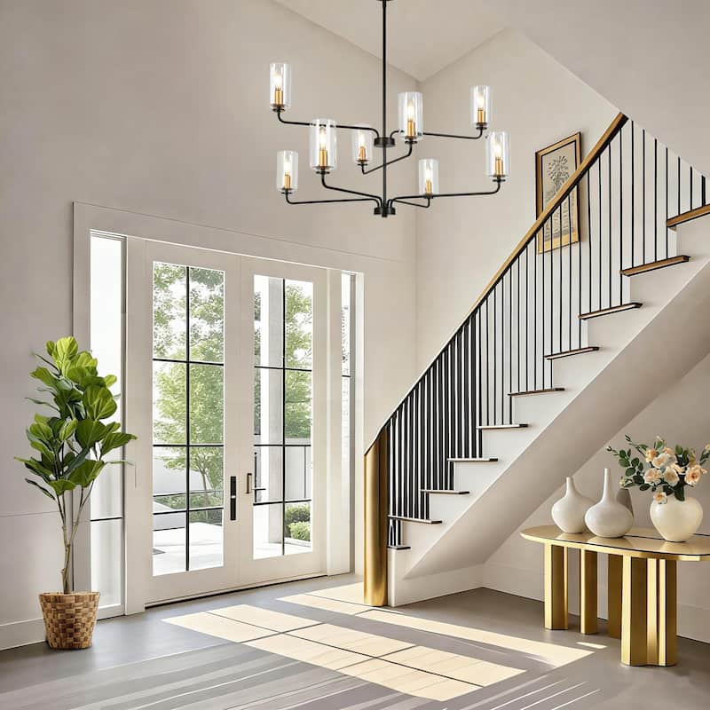 Modern 8-Light Black Gold Chandelier Cylinder Glass Light for Dining Living Room Foyer - D 37" x H 21"