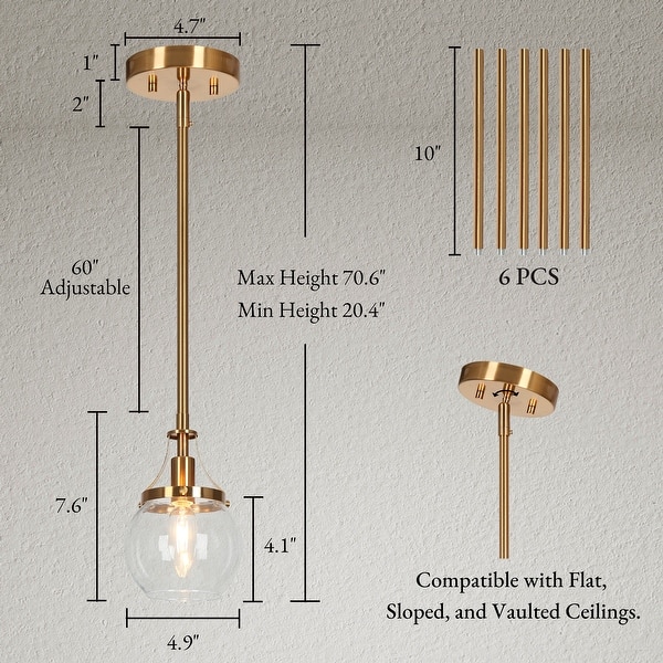 dimension image slide 1 of 3, Beta Modern Gold 1-Light Mini Globe Glass Pendant Light for Kitchen Island - D 4.9" x H 7.6"