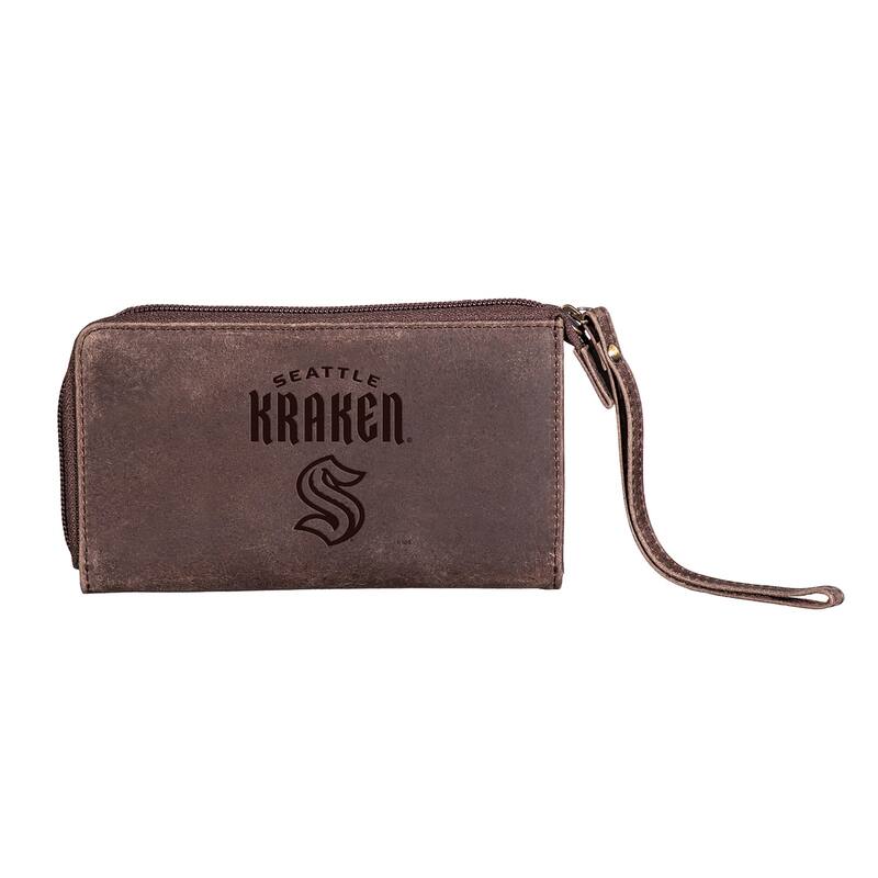 Brown Leather Cell Phone Wristlet Wallet, Seattle Kraken - 4" x 7"