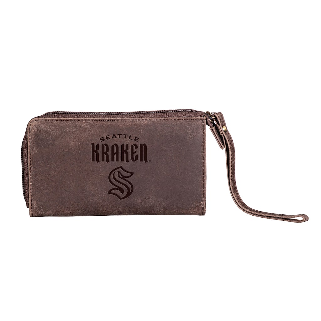 Brown Leather Cell Phone Wristlet Wallet, Seattle Kraken - 4" x 7"