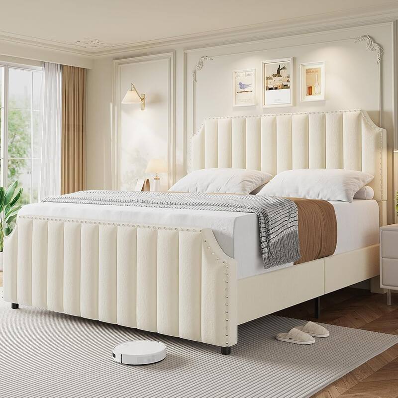 Queen/ King Size Velvet Bed Frame, 50.2" Tall Headboard & Footboard, Upholstered Platform Bed Frame No Box Spring Needed - Beige - King