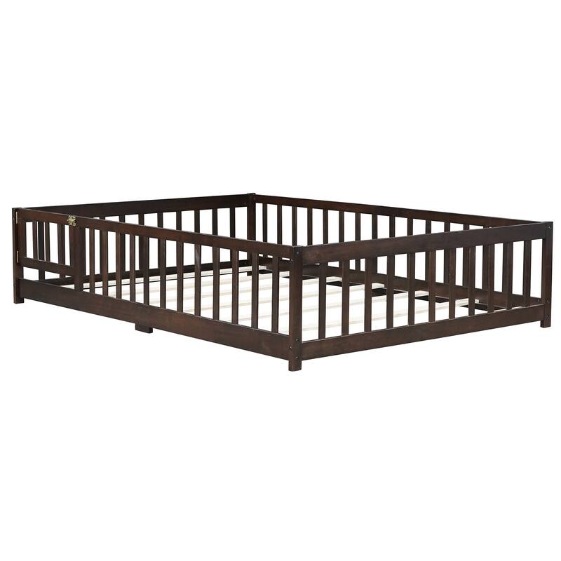 Full Size Floor Bed with Fence and Door,Rubber Wood Floor Bed with Safety Guardrails