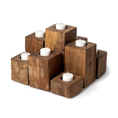 Cassius Light Brown Nine Wood Block Table Candle Holder - 11.0L x 11.0W x 8.0H