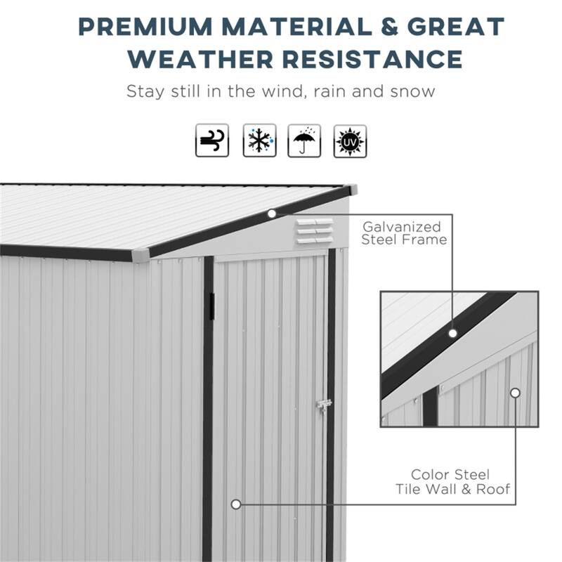 Galvanized Metal Garden Shed Outdoor Storage Lockable Door - 51.2" W x 92.5" D x 64.6" - 72.8" H