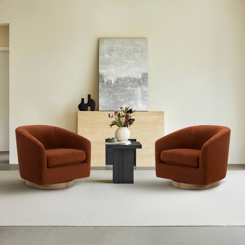 Spruce & Spring 360° Swivel Accent Chair with Solid Wood Base and Padded Seat - Set of 2 - Burnt Orange-Velvet
