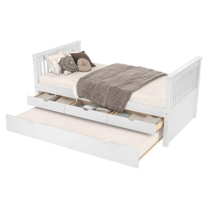 Twin Platform Bed with Drawers and Trundle, Solid Wood Daybed, No Spring Box Needed