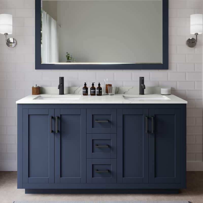 Wyndham Collection WCF292960D-QTZ-UNSMXX Miranda 60" Free Standing - Dark Blue / Giotto Quartz Top / Matte Black