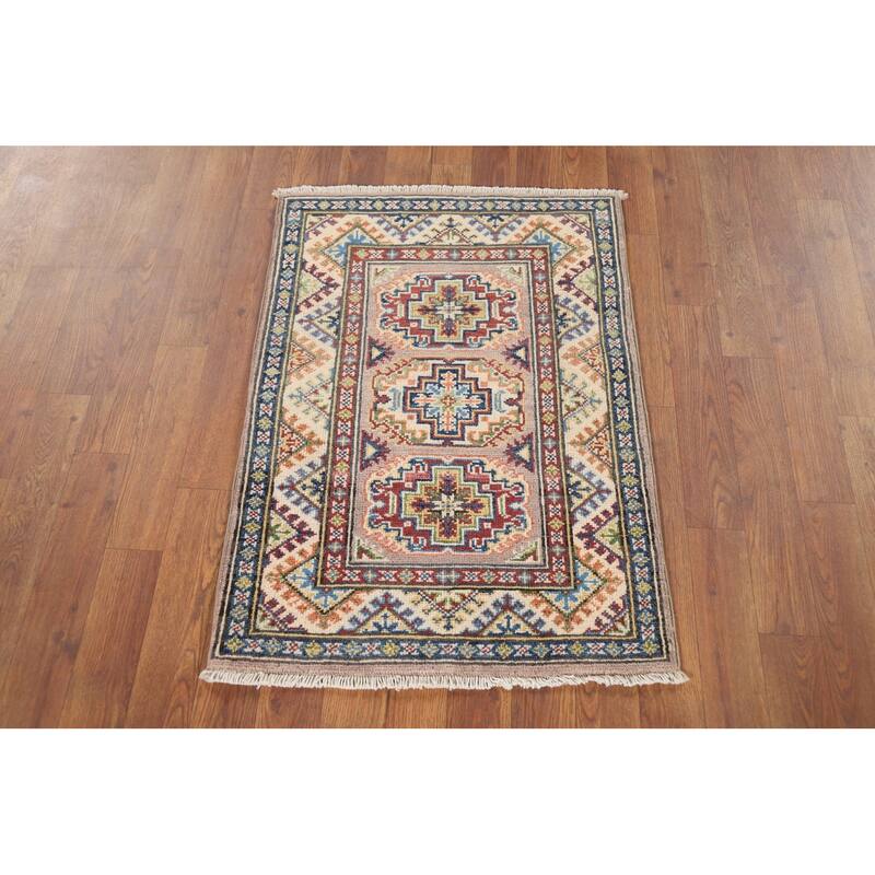 Geometric Kazak Oriental Accent Rug Hand-Knotted Brown Wool Carpet - 2'1" x 2'10"