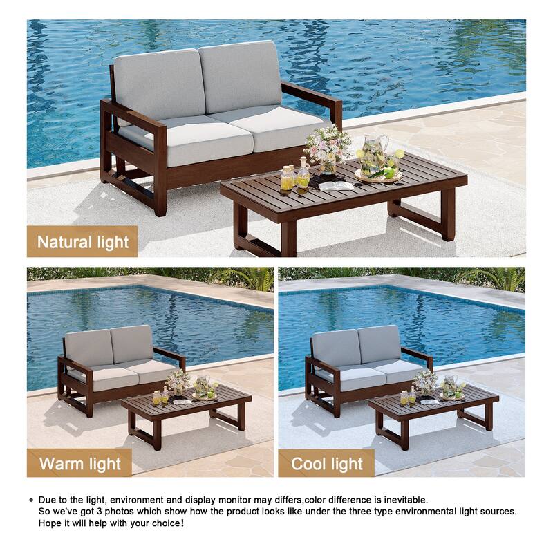 Teak Loveseat Patio Set with Cushions and Table (2-Piece)