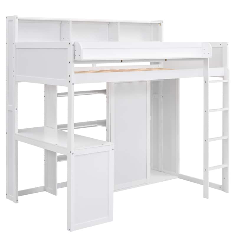 Space-Saving Twin Size Loft Bed with Wardrobe, Cabinets, Shelves, and Desk - Strong Pine Wood Frame