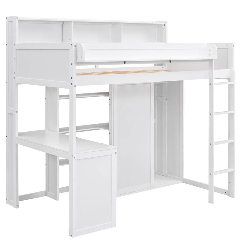 Twin Size Loft Bed with Storage Shelves, Wardrobe, and Built-in Desk, White