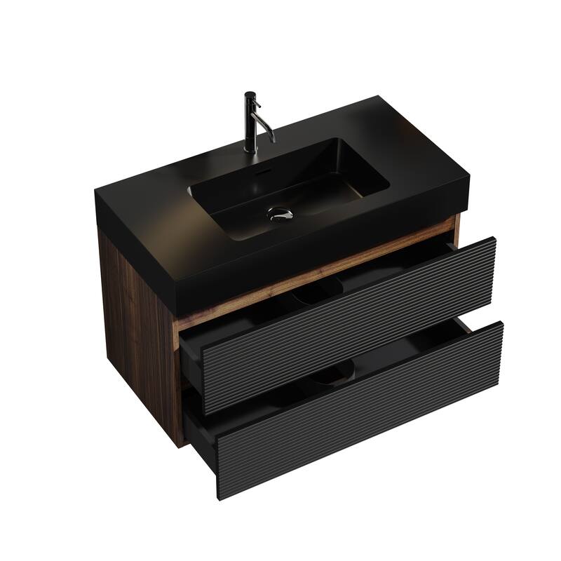 36"Bathroom Vanity with Matt Quartz Sink and Drawers, Wall Mounted Floating Bathroom Vanity , One-Piece Matt Black Basin