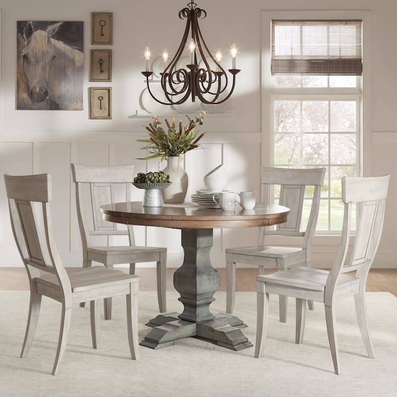 Eleanor Sage Green Round Solid Wood Top Panel Back 5-piece Dining Set by iNSPIRE Q Classic - Antique Sage Green Table - Antique White Chairs
