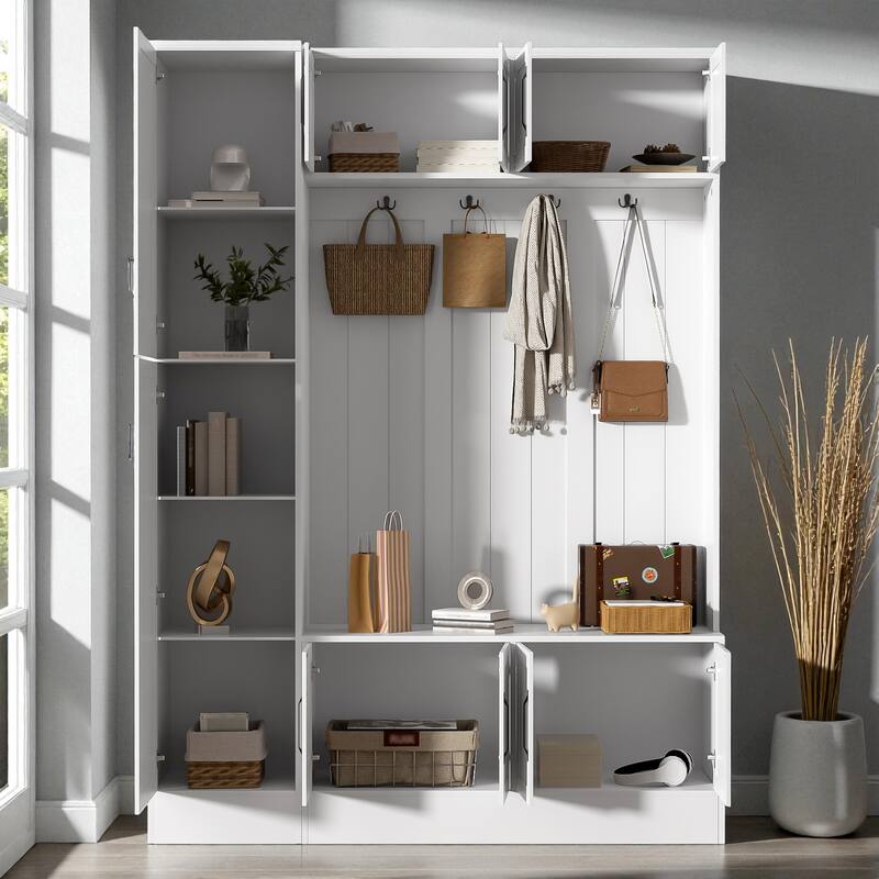 79'' Tall Modern 4-in-1 Hall Tree with Bench, 6 Cabinets, Adjustable Shelves & Coat Hooks for Entryway, Hallway, Living Room