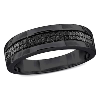 Miadora 1/10ct TDW Black Diamond Double Row Mens Ring in Black Rhodium Silver